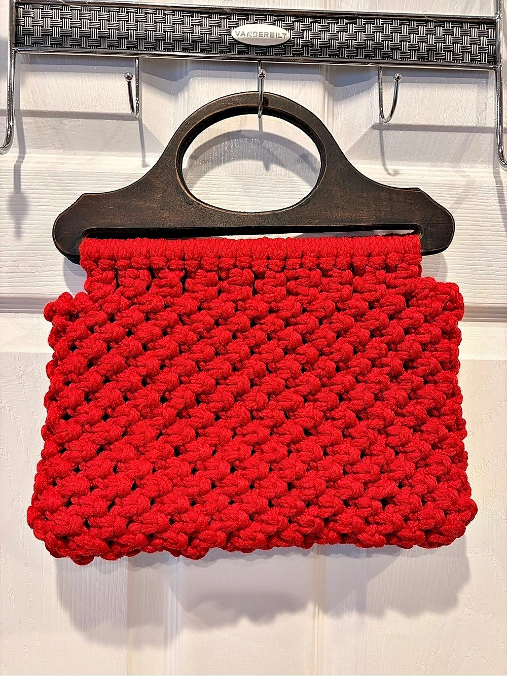 Cherry Red Knit Clutch with Wooden Handles
